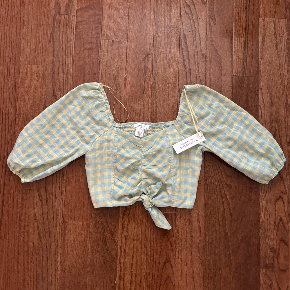 NWT Kirious los angeles green and yellow gingham cropped puff sleeve blouse